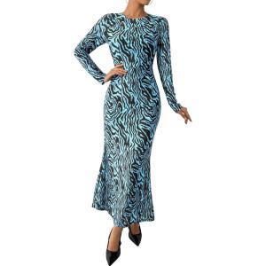 BTFBM Wedding Guest Dresses for Women Spring Fashion 2026 Bodycon Crew Neck Long Sleeve Boho Mesh Floral Maxi Fall Dress(Floral Blue Black)