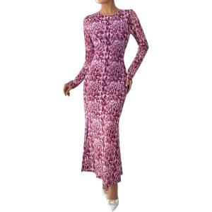 BTFBM Wedding Guest Dresses for Women Spring Fashion 2026 Bodycon Crew Neck Long Sleeve Boho Mesh Floral Maxi Fall Dress(Leopard)
