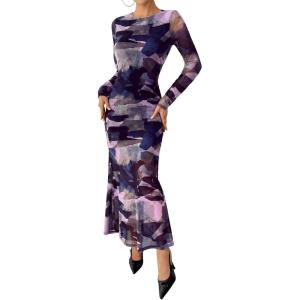 BTFBM Wedding Guest Dresses for Women Spring Fashion 2026 Bodycon Crew Neck Long Sleeve Boho Mesh Floral Maxi Fall Dress(Navy)