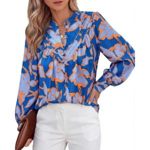 BTFBM Womens Tops Dressy Casual Spring 2026 Boho Floral V Neck Long Sleeve Half Button Down Shirt Work Business Blouses(Big Floral Blue)