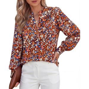 BTFBM Womens Tops Dressy Casual Spring 2026 Boho Floral V Neck Long Sleeve Half Button Down Shirt Work Business Blouses(Floral Wine Red)