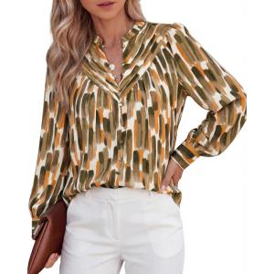 BTFBM Womens Tops Dressy Casual Spring 2026 Boho Floral V Neck Long Sleeve Half Button Down Shirt Work Business Blouses(Stripe Army Green)