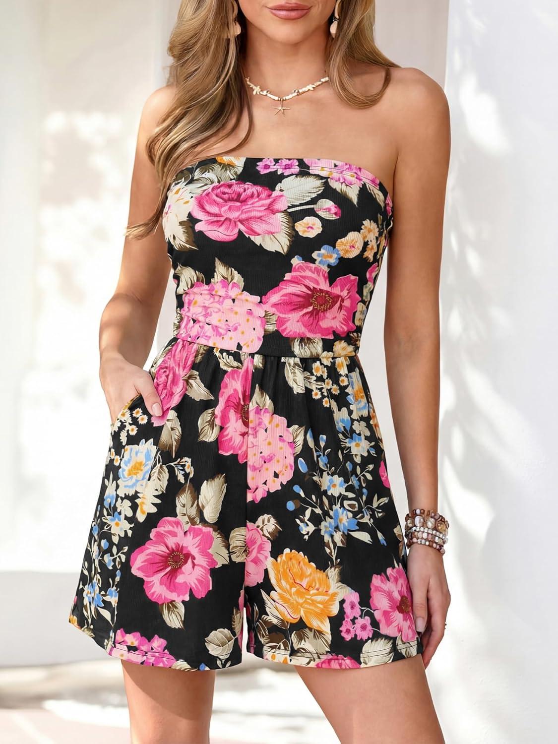 imageBTFBM Rompers For Women 2026 Summer Strapless Printed Tube Boho Wide Leg Beach Short Jumpsuit Spring Date Night RomperFloral Black Pink