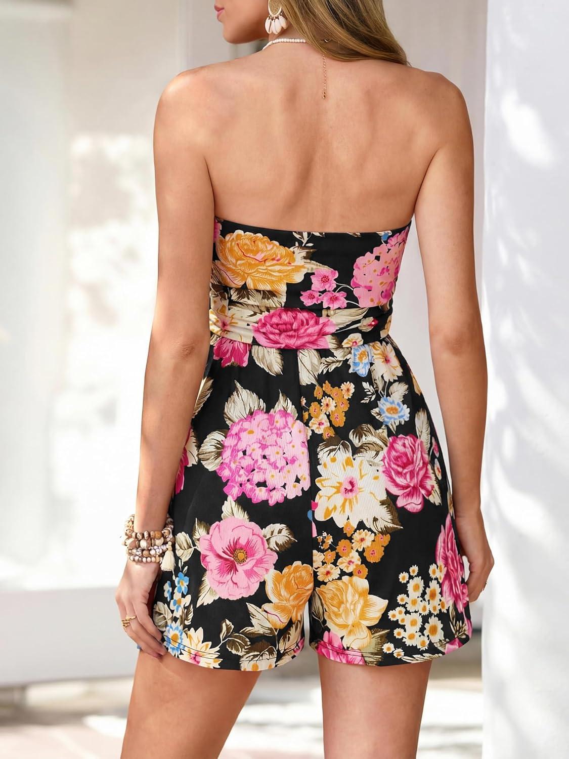 imageBTFBM Rompers For Women 2026 Summer Strapless Printed Tube Boho Wide Leg Beach Short Jumpsuit Spring Date Night RomperFloral Black Pink