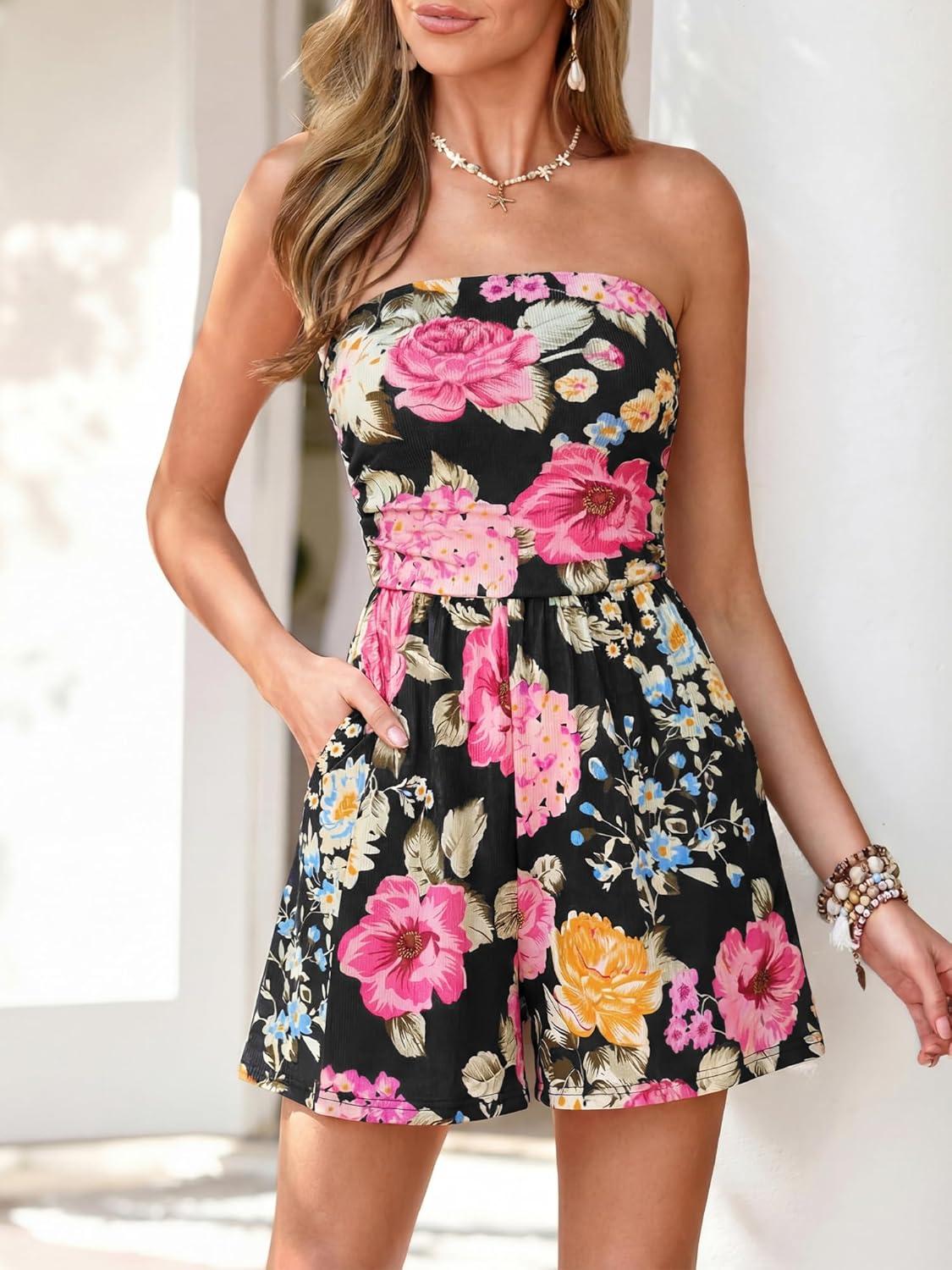 imageBTFBM Rompers For Women 2026 Summer Strapless Printed Tube Boho Wide Leg Beach Short Jumpsuit Spring Date Night RomperFloral Black Pink