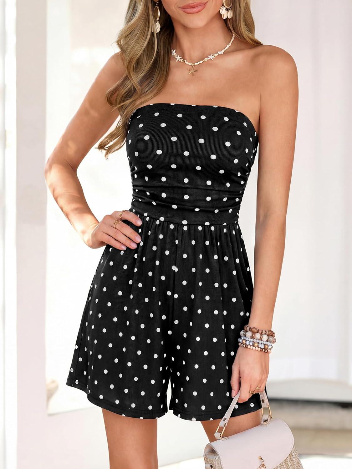 imageBTFBM Rompers For Women 2026 Summer Strapless Printed Tube Boho Wide Leg Beach Short Jumpsuit Spring Date Night RomperPolka Dots Black