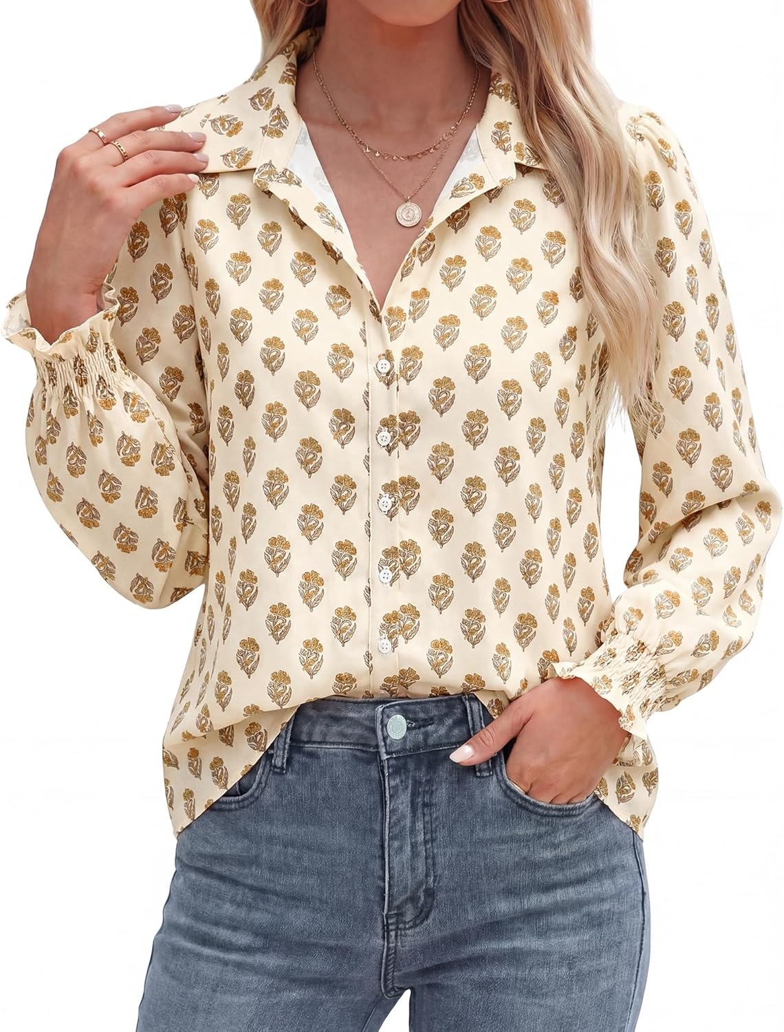 imageBTFBM Button Down Shirts for Women Floral Long Sleeve V Neck Lightweight Blouses Summer Business Casual Work Tops 2026Floral Apricot Yellow