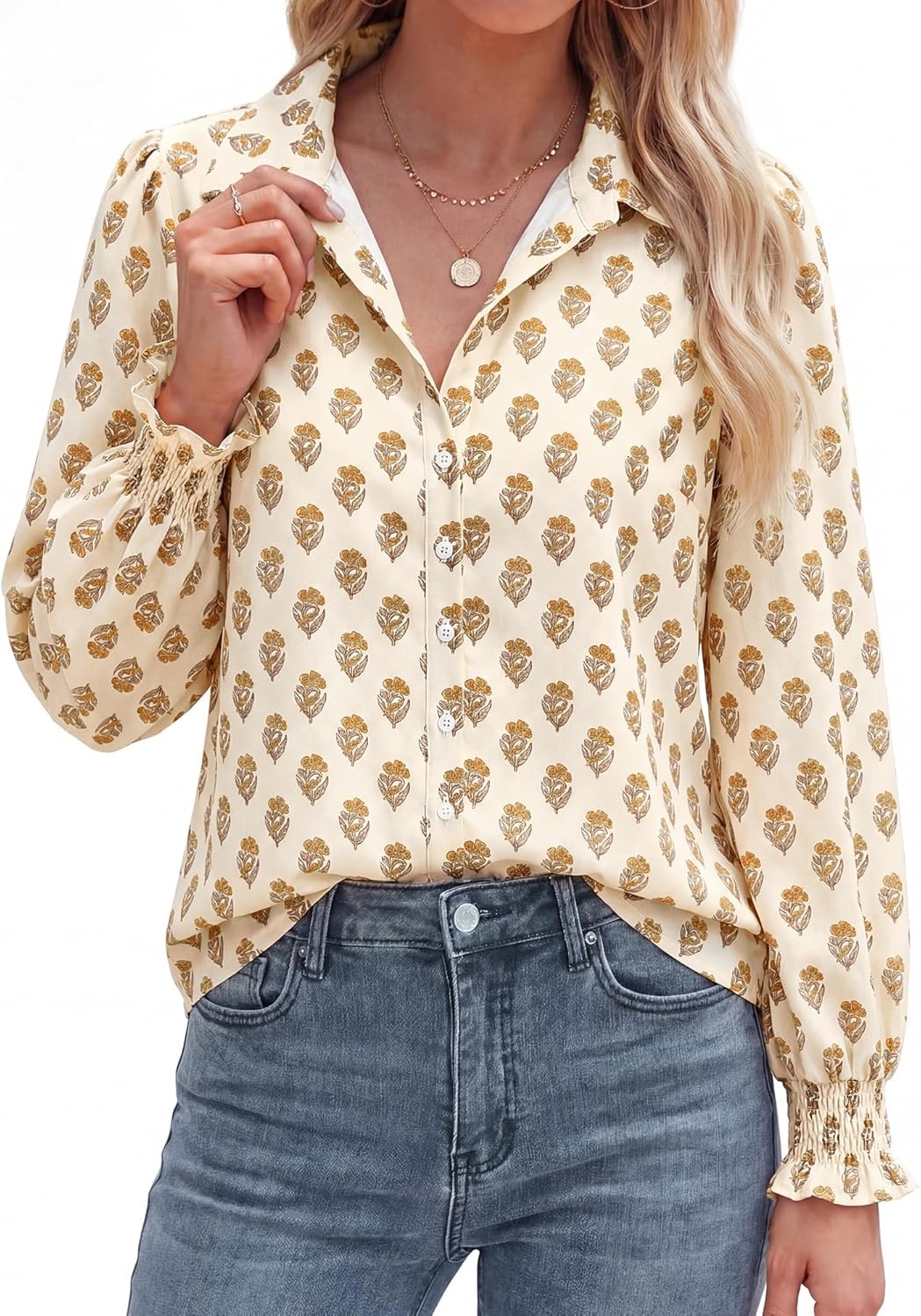 imageBTFBM Button Down Shirts for Women Floral Long Sleeve V Neck Lightweight Blouses Summer Business Casual Work Tops 2026Floral Apricot Yellow