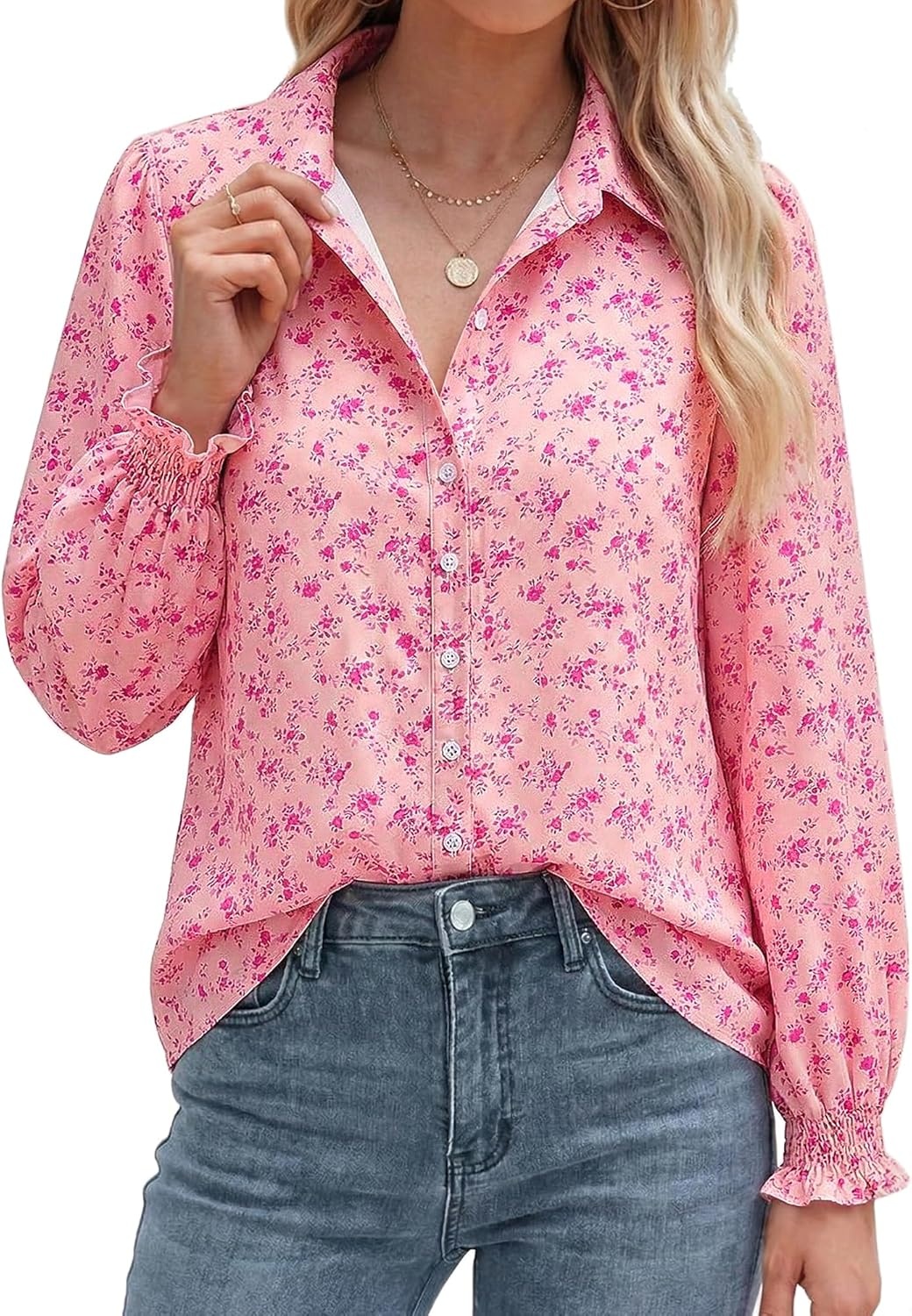 imageBTFBM Button Down Shirts for Women Floral Long Sleeve V Neck Lightweight Blouses Summer Business Casual Work Tops 2026Floral Pink Rose Red
