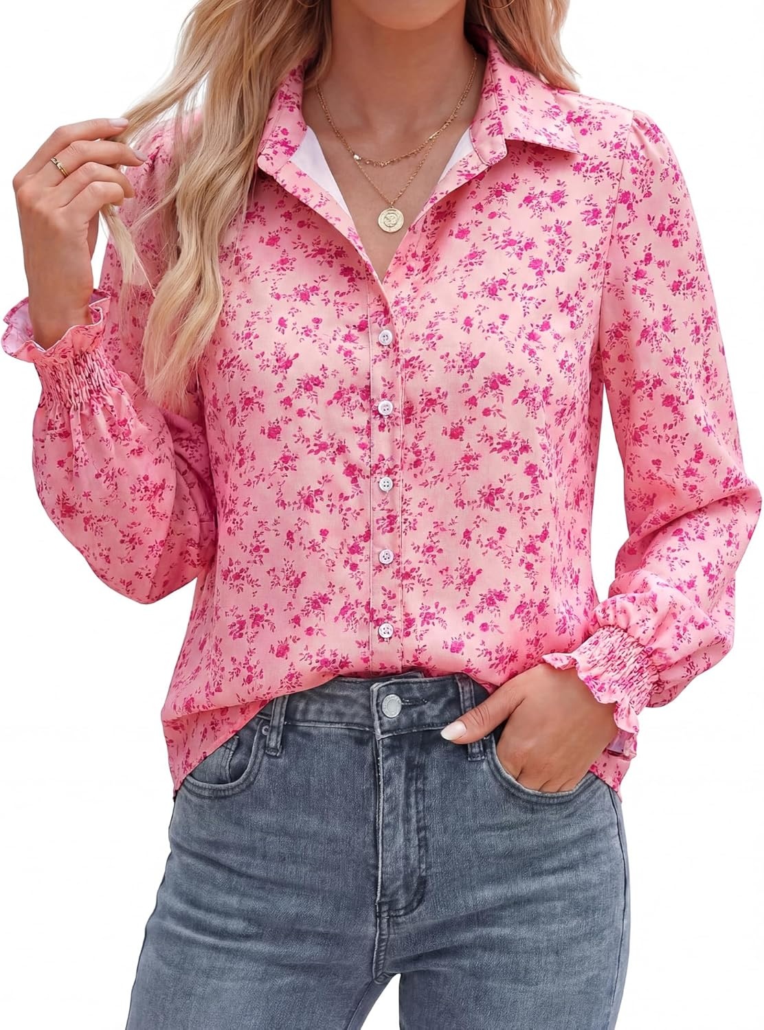 imageBTFBM Button Down Shirts for Women Floral Long Sleeve V Neck Lightweight Blouses Summer Business Casual Work Tops 2026Floral Pink Rose Red