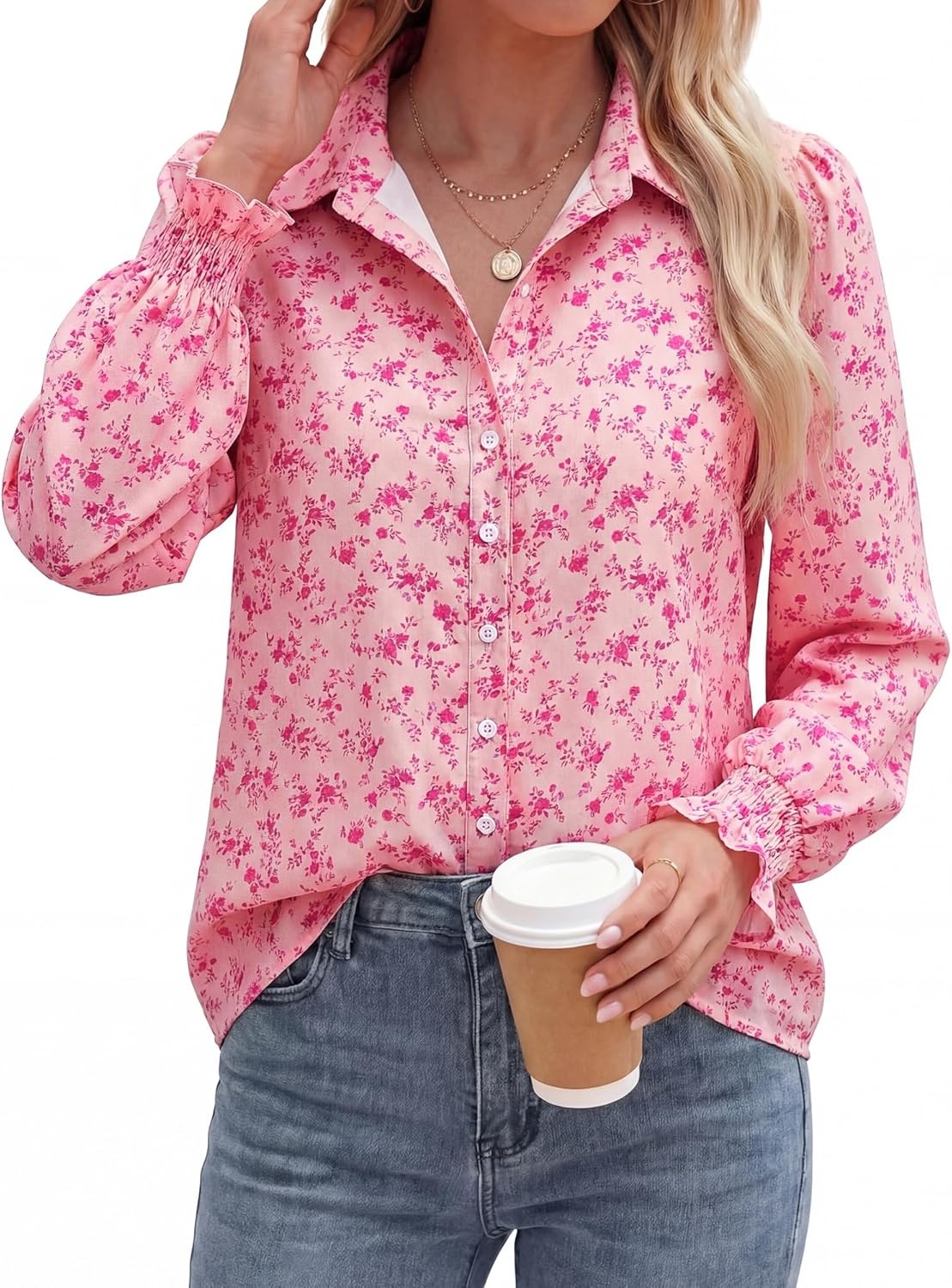imageBTFBM Button Down Shirts for Women Floral Long Sleeve V Neck Lightweight Blouses Summer Business Casual Work Tops 2026Floral Pink Rose Red
