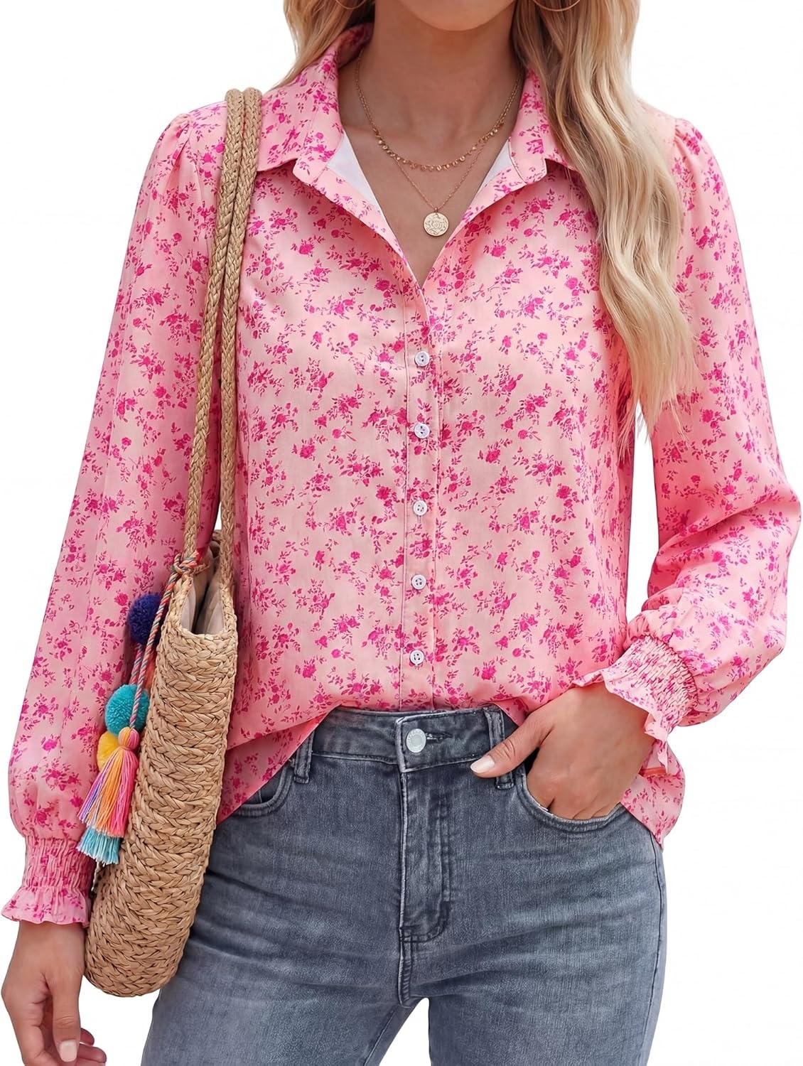 imageBTFBM Button Down Shirts for Women Floral Long Sleeve V Neck Lightweight Blouses Summer Business Casual Work Tops 2026Floral Pink Rose Red