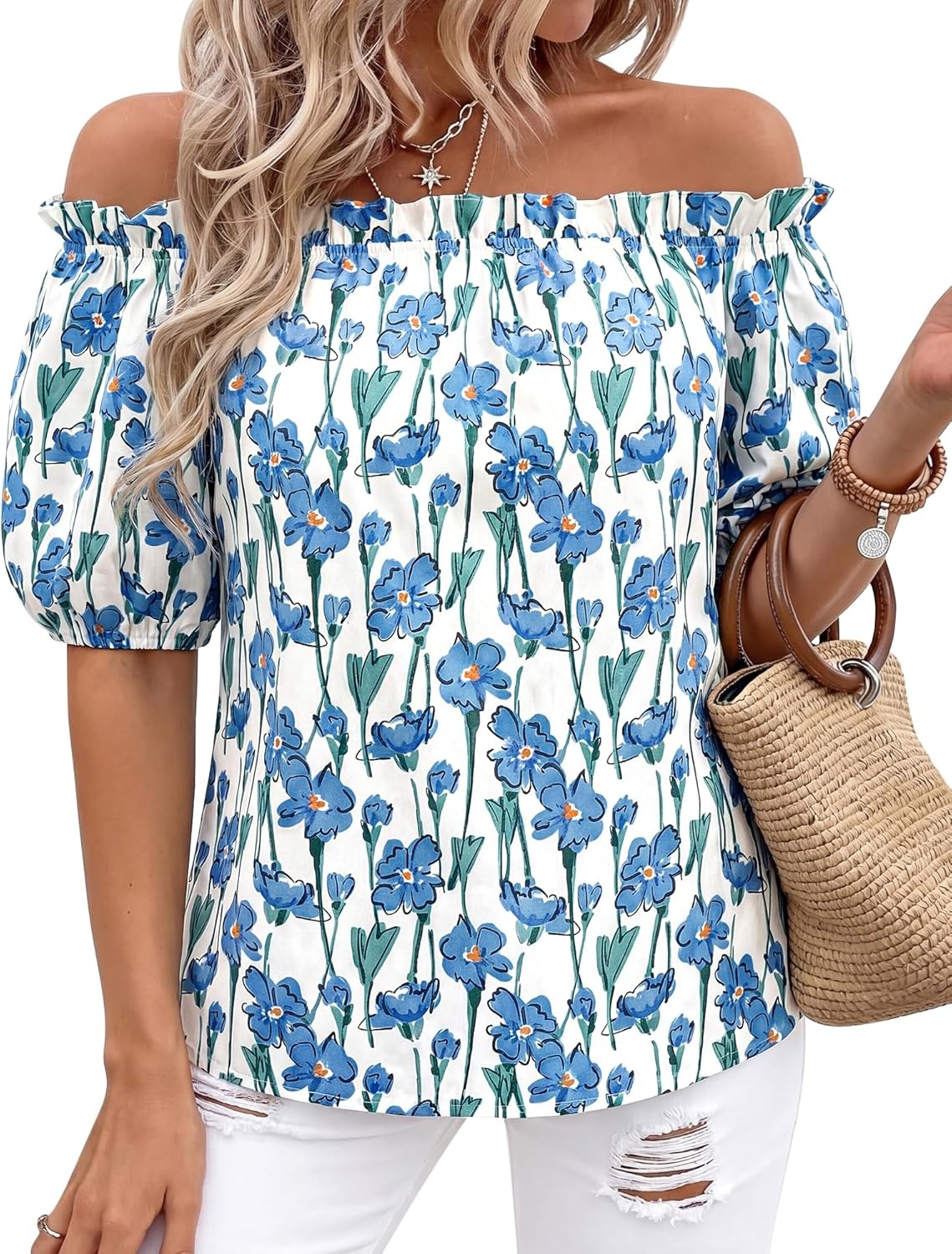 imageBTFBM Off The Shoulder Boho Tops for Women 2026 Summer Spring Short Sleeve Floral Loose Resort Beach Vacation ClothesFloral Apricot Blue Green
