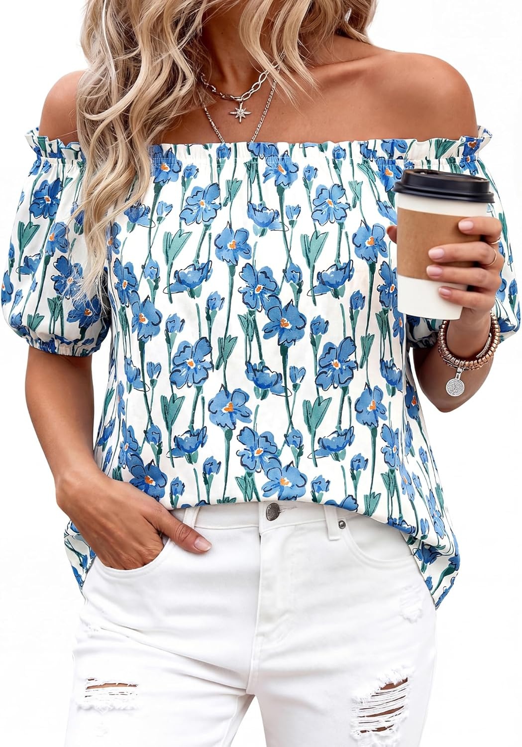 imageBTFBM Off The Shoulder Boho Tops for Women 2026 Summer Spring Short Sleeve Floral Loose Resort Beach Vacation ClothesFloral Apricot Blue Green