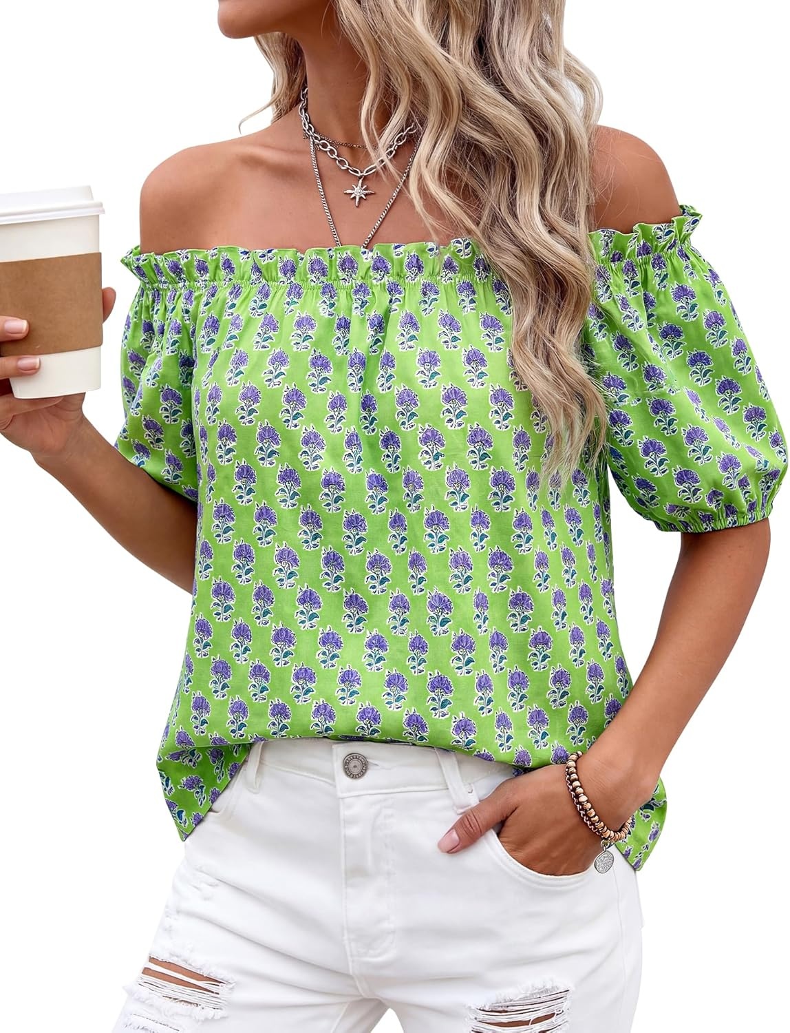 imageBTFBM Off The Shoulder Boho Tops for Women 2026 Summer Spring Short Sleeve Floral Loose Resort Beach Vacation ClothesFloral Green Purple