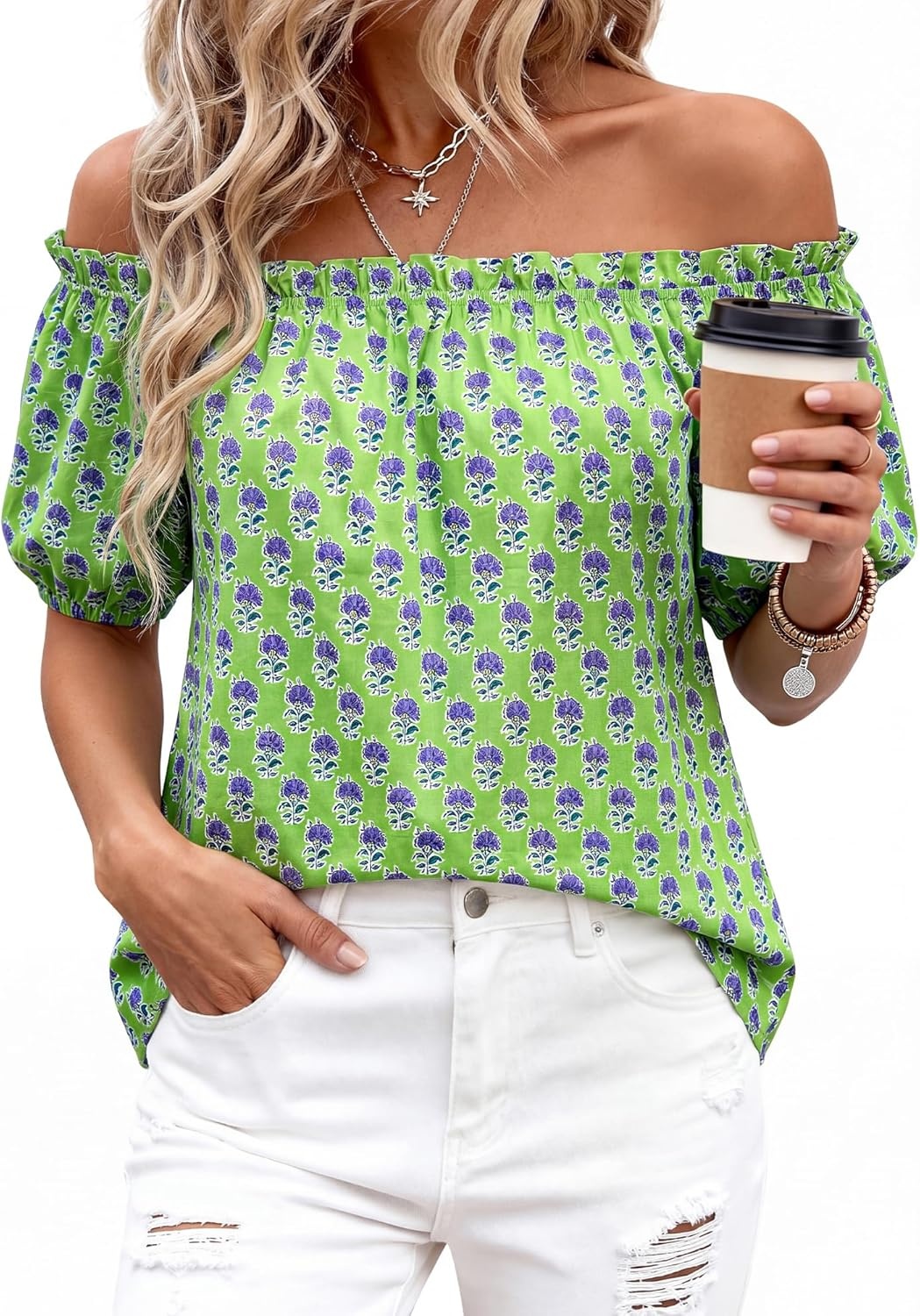 imageBTFBM Off The Shoulder Boho Tops for Women 2026 Summer Spring Short Sleeve Floral Loose Resort Beach Vacation ClothesFloral Green Purple