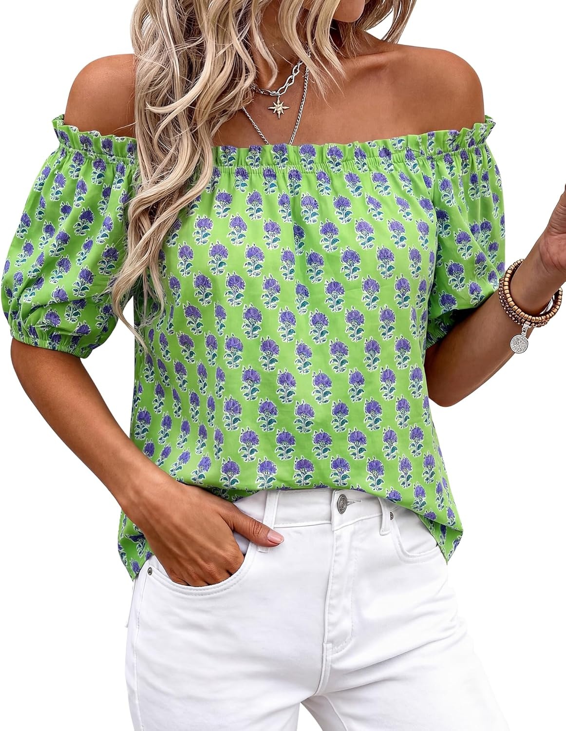 imageBTFBM Off The Shoulder Boho Tops for Women 2026 Summer Spring Short Sleeve Floral Loose Resort Beach Vacation ClothesFloral Green Purple