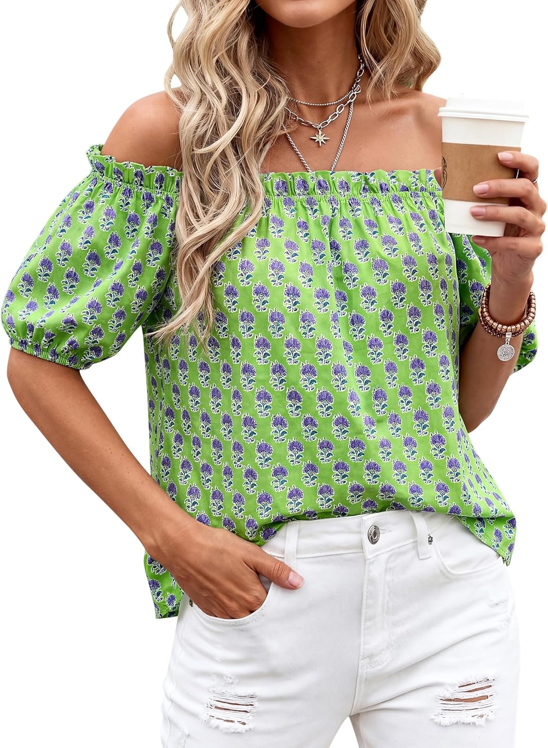 imageBTFBM Off The Shoulder Boho Tops for Women 2026 Summer Spring Short Sleeve Floral Loose Resort Beach Vacation ClothesFloral Green Purple