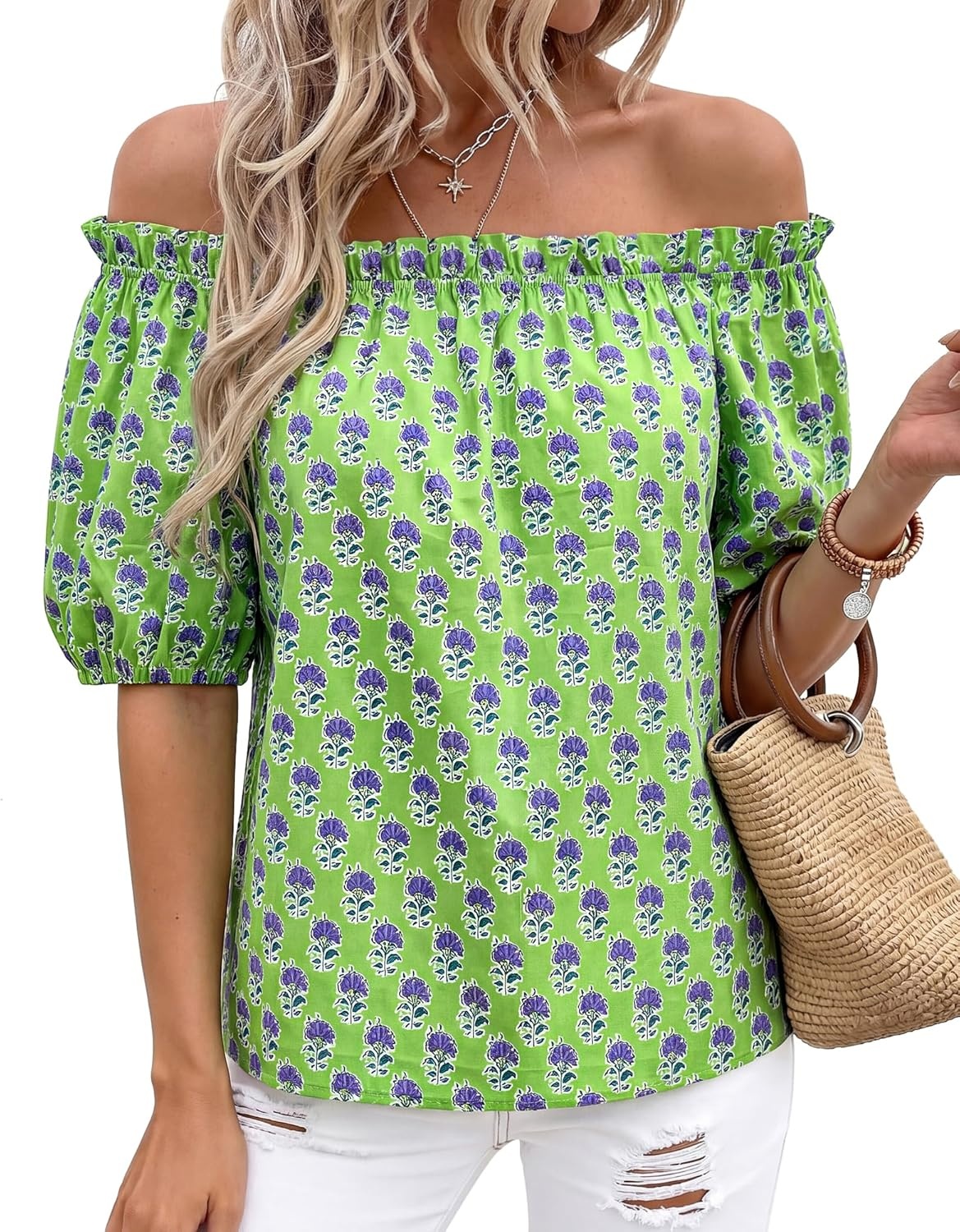 imageBTFBM Off The Shoulder Boho Tops for Women 2026 Summer Spring Short Sleeve Floral Loose Resort Beach Vacation ClothesFloral Green Purple