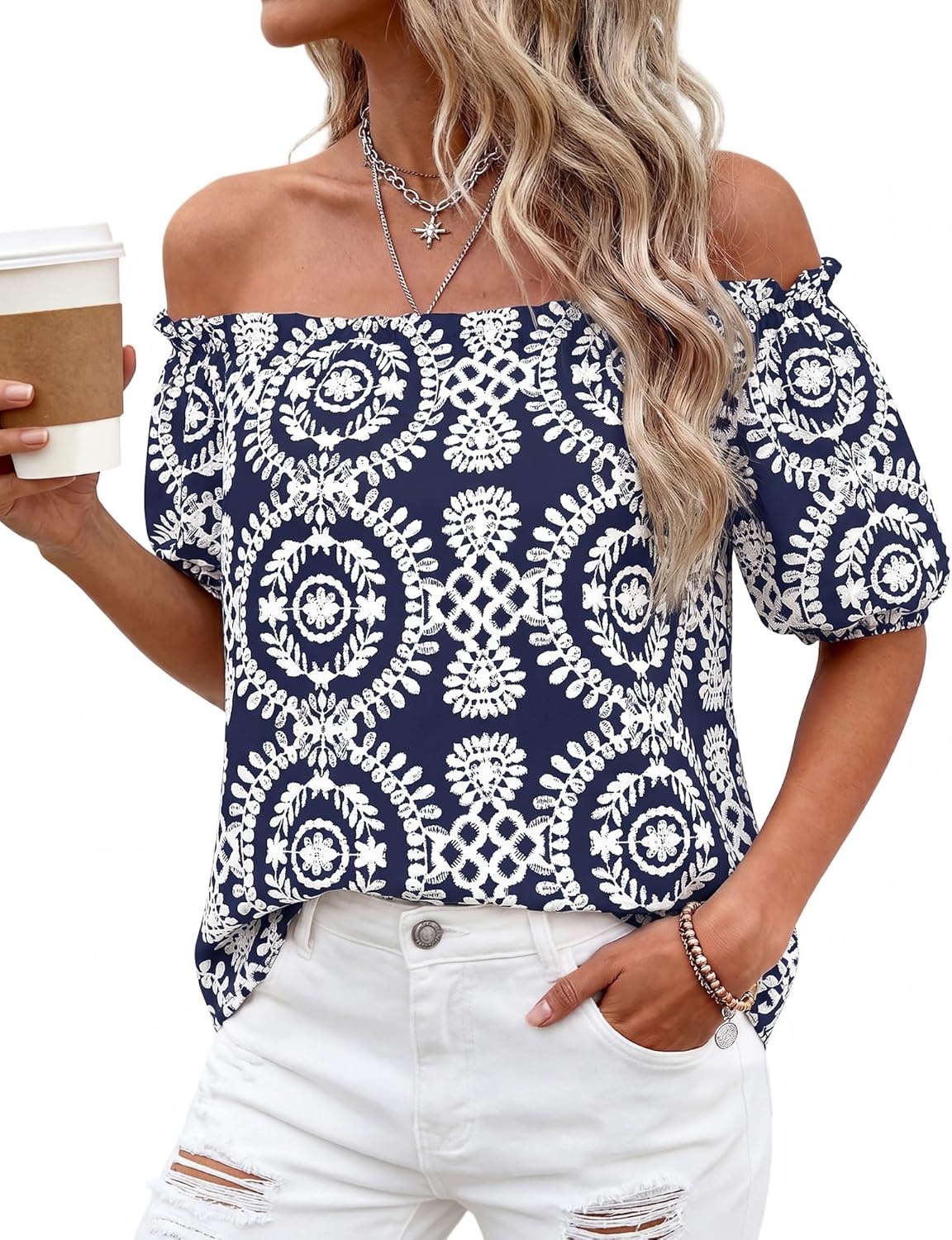 imageBTFBM Off The Shoulder Boho Tops for Women 2026 Summer Spring Short Sleeve Floral Loose Resort Beach Vacation ClothesFloral Navy White