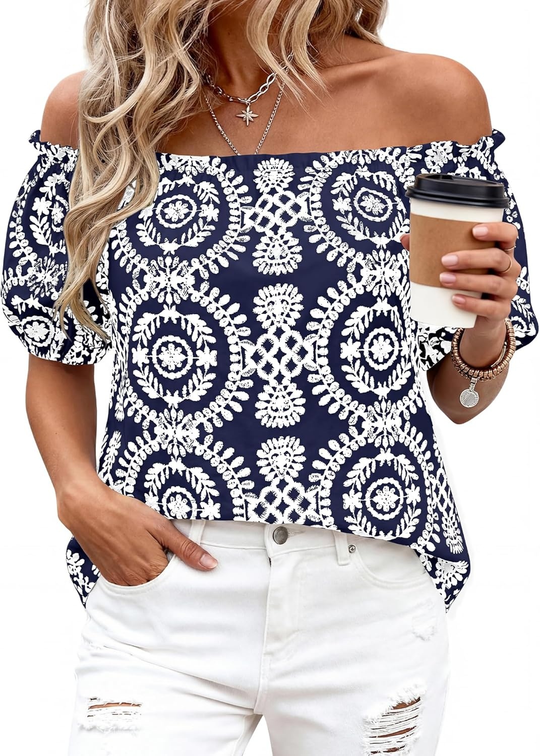 imageBTFBM Off The Shoulder Boho Tops for Women 2026 Summer Spring Short Sleeve Floral Loose Resort Beach Vacation ClothesFloral Navy White