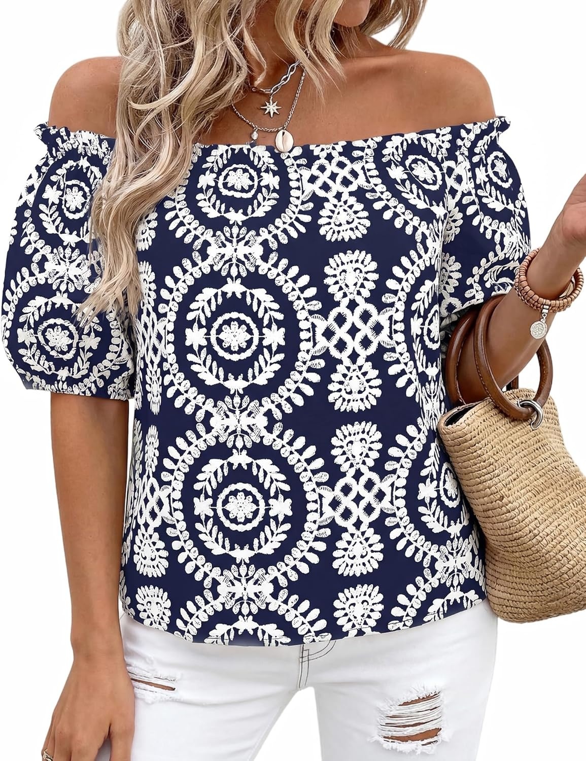 imageBTFBM Off The Shoulder Boho Tops for Women 2026 Summer Spring Short Sleeve Floral Loose Resort Beach Vacation ClothesFloral Navy White