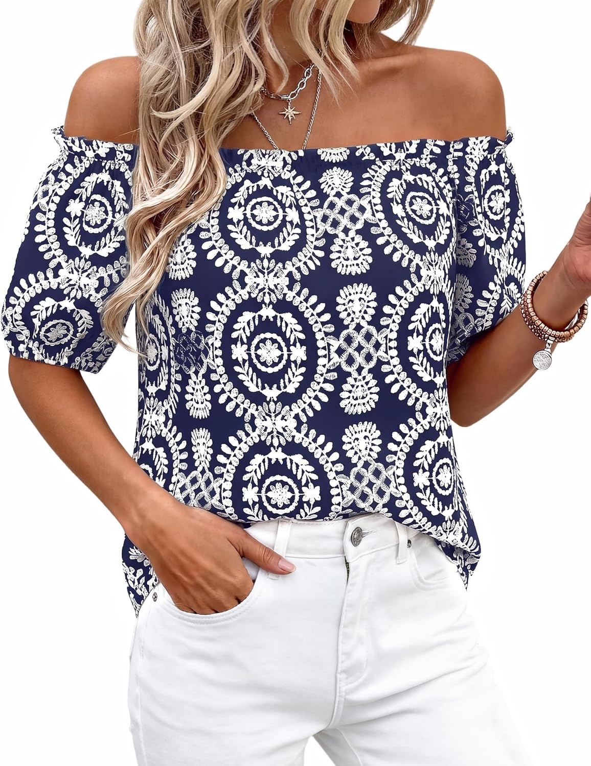 imageBTFBM Off The Shoulder Boho Tops for Women 2026 Summer Spring Short Sleeve Floral Loose Resort Beach Vacation ClothesFloral Navy White