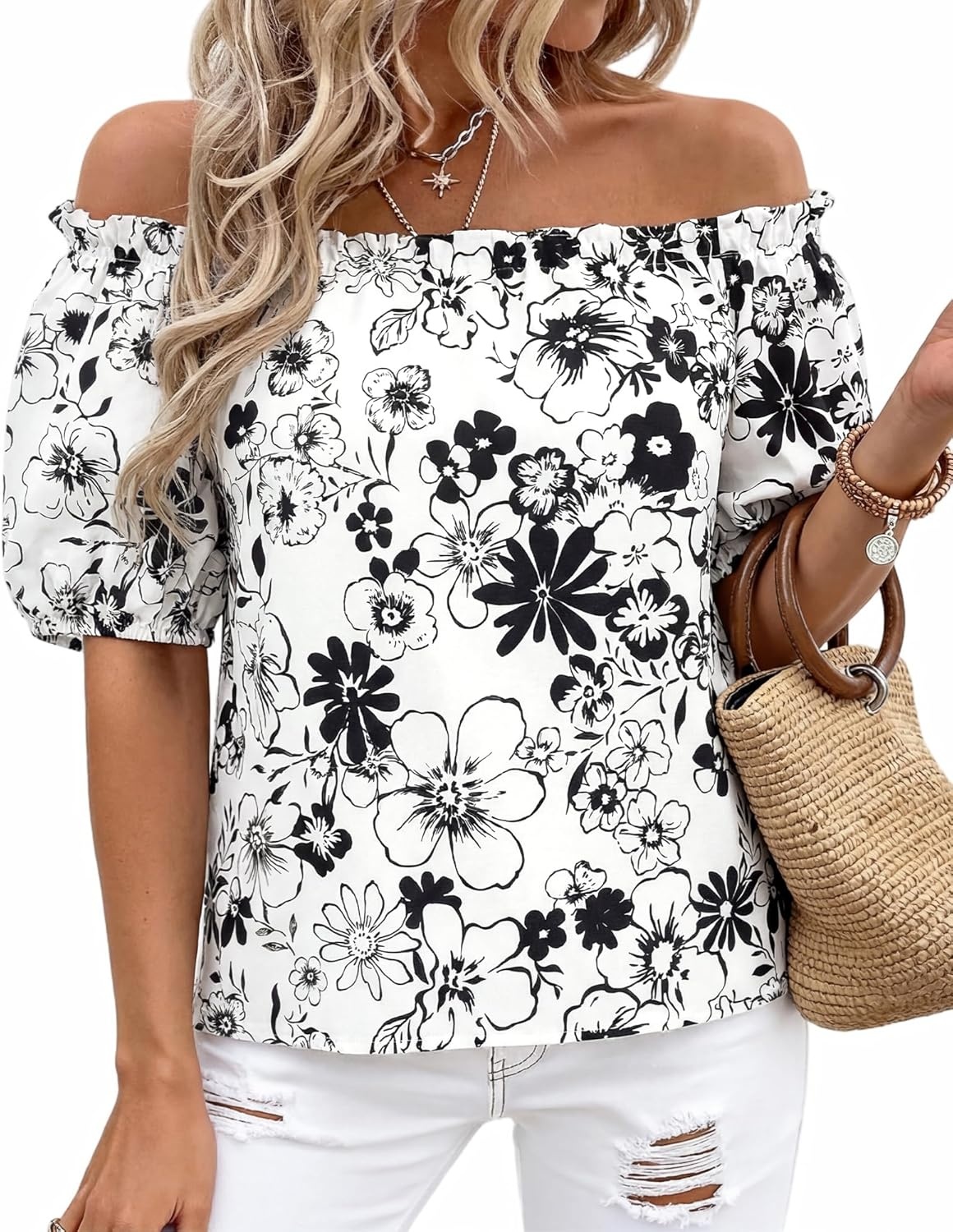imageBTFBM Off The Shoulder Boho Tops for Women 2026 Summer Spring Short Sleeve Floral Loose Resort Beach Vacation ClothesFloral White