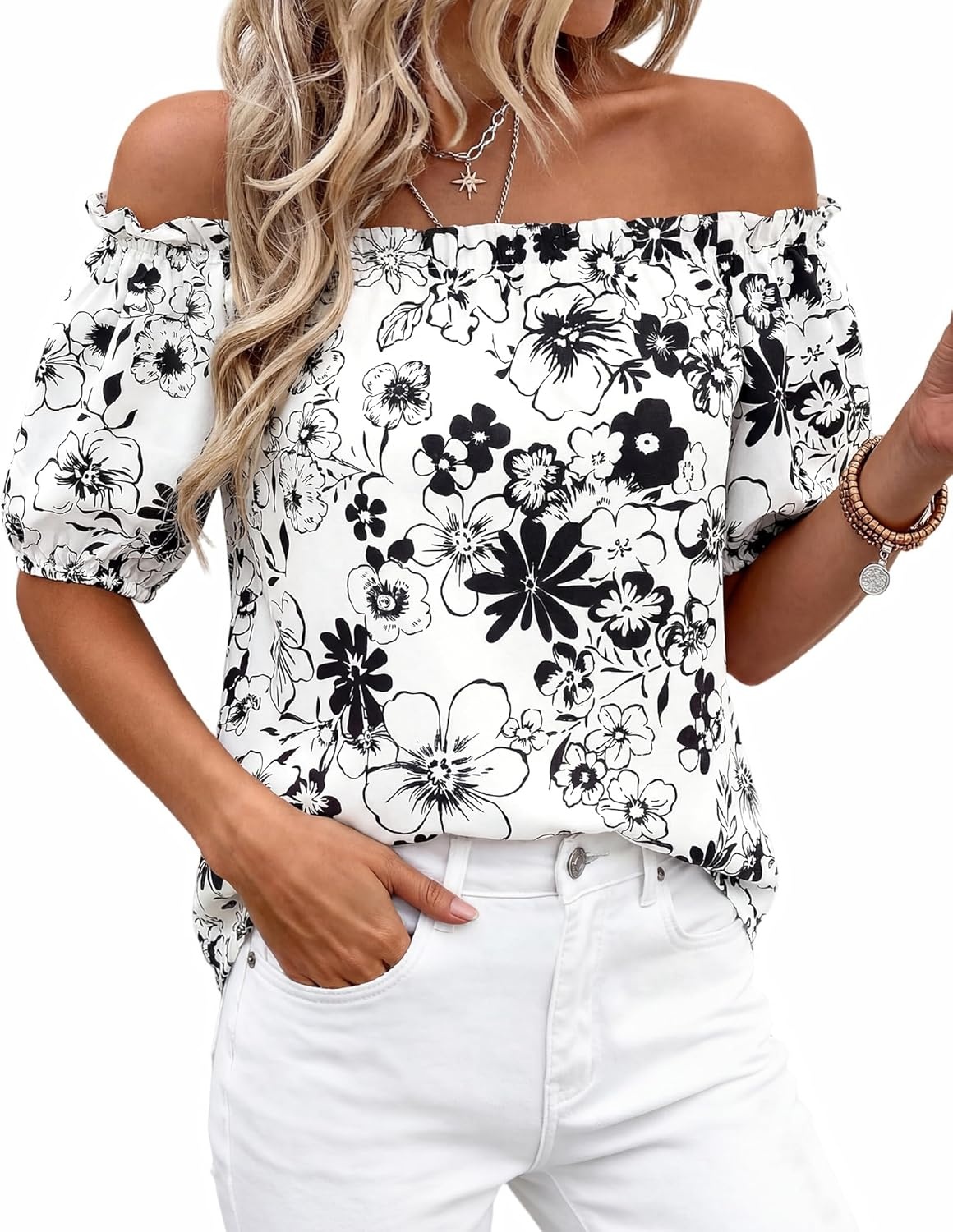 imageBTFBM Off The Shoulder Boho Tops for Women 2026 Summer Spring Short Sleeve Floral Loose Resort Beach Vacation ClothesFloral White