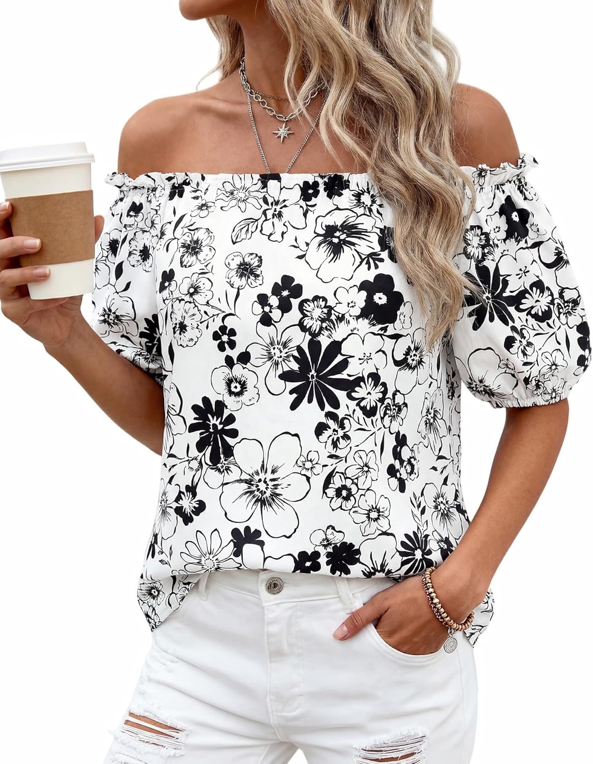 imageBTFBM Off The Shoulder Boho Tops for Women 2026 Summer Spring Short Sleeve Floral Loose Resort Beach Vacation ClothesFloral White