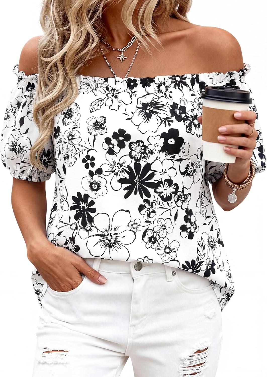 imageBTFBM Off The Shoulder Boho Tops for Women 2026 Summer Spring Short Sleeve Floral Loose Resort Beach Vacation ClothesFloral White