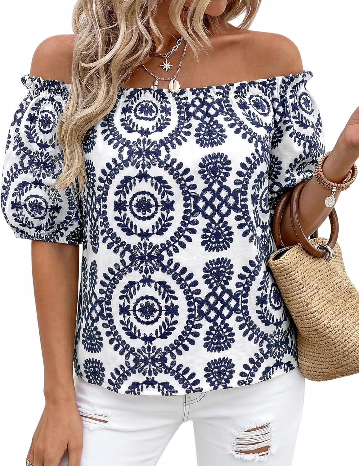 imageBTFBM Off The Shoulder Boho Tops for Women 2026 Summer Spring Short Sleeve Floral Loose Resort Beach Vacation ClothesFloral White Navy