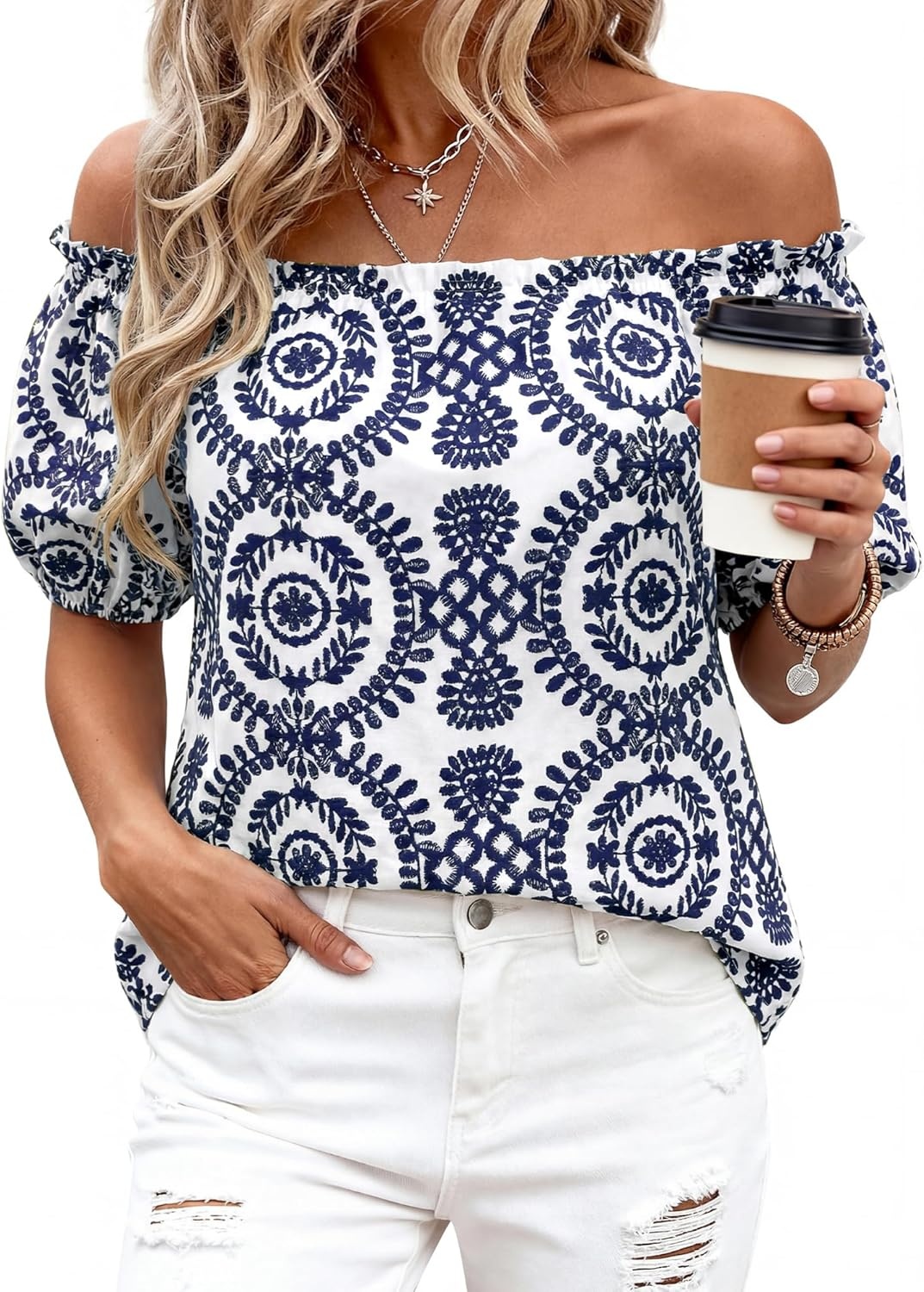 imageBTFBM Off The Shoulder Boho Tops for Women 2026 Summer Spring Short Sleeve Floral Loose Resort Beach Vacation ClothesFloral White Navy