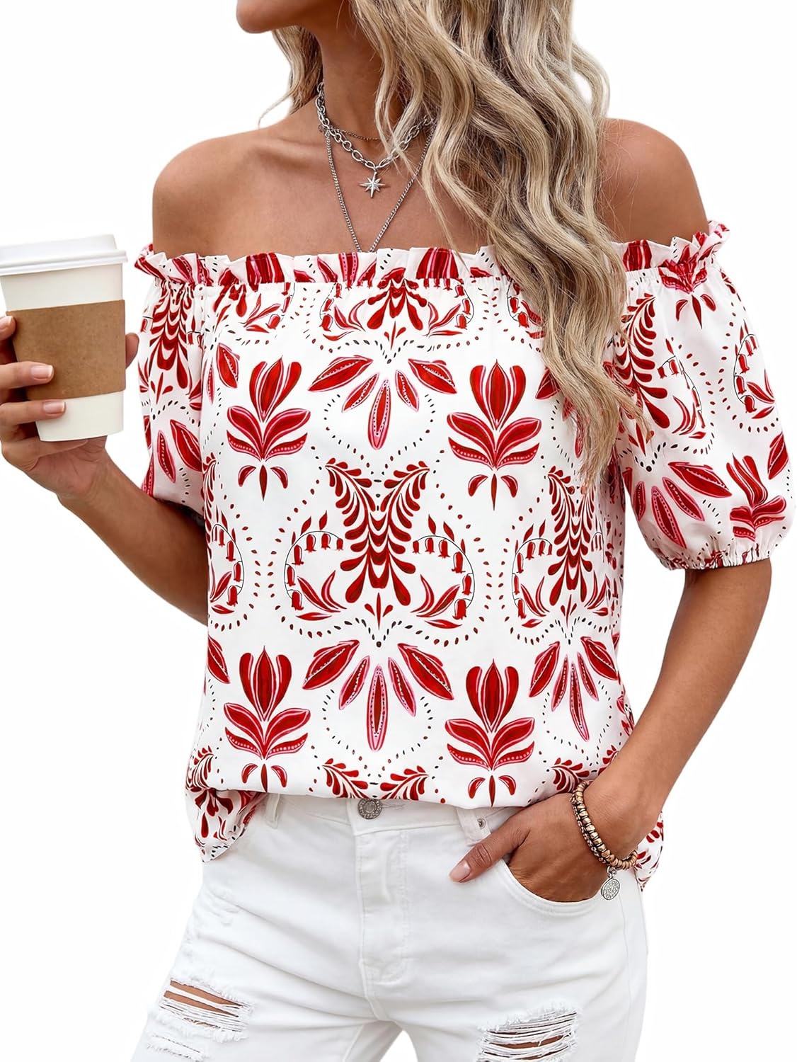 imageBTFBM Off The Shoulder Boho Tops for Women 2026 Summer Spring Short Sleeve Floral Loose Resort Beach Vacation ClothesFloral White Red