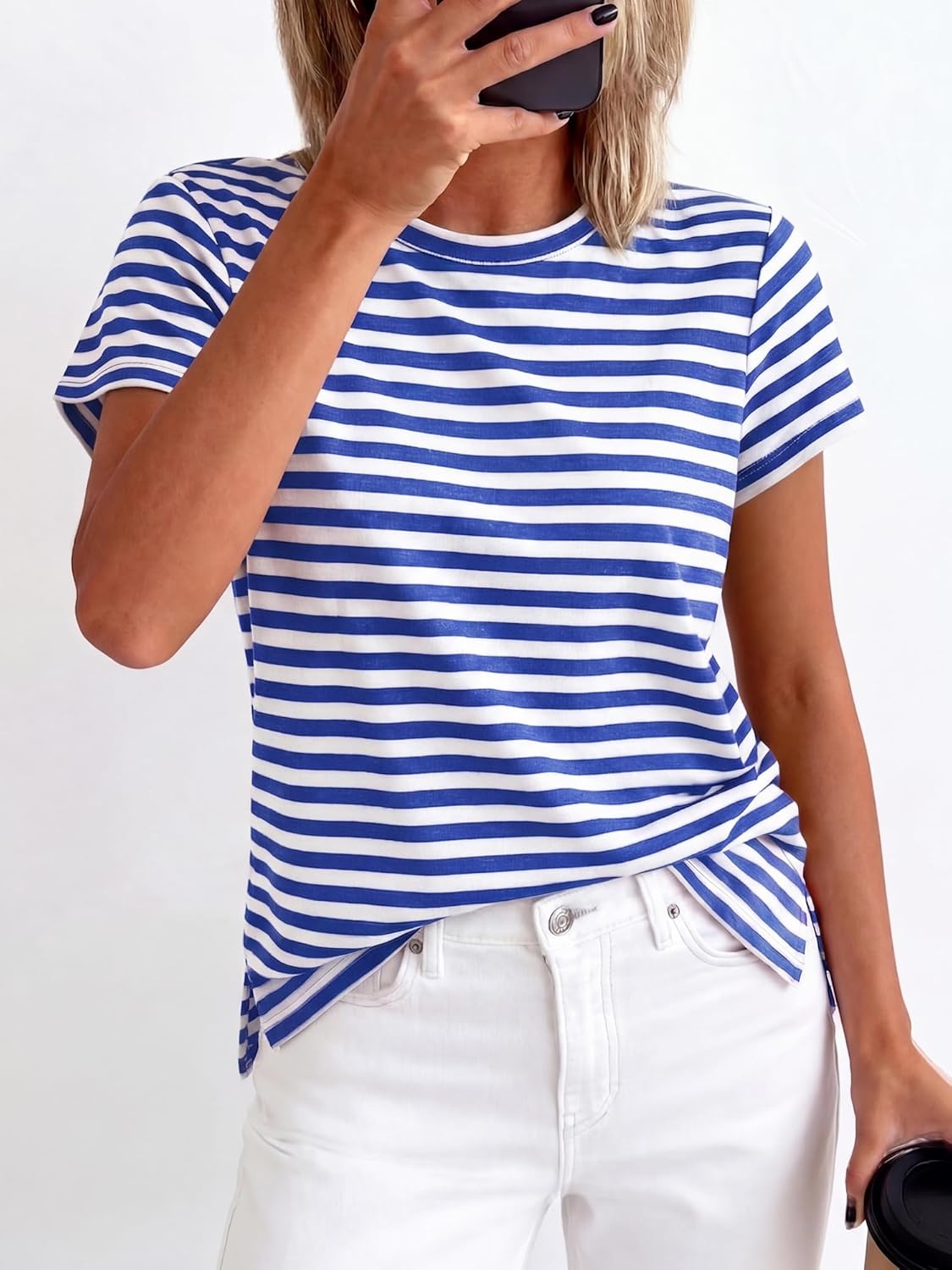 imageBTFBM Tops for Women Trendy Summer 2026 Crew Neck Short Sleeve T Shirts Striped Casual Vacation Blouse Basic TeeBlue White