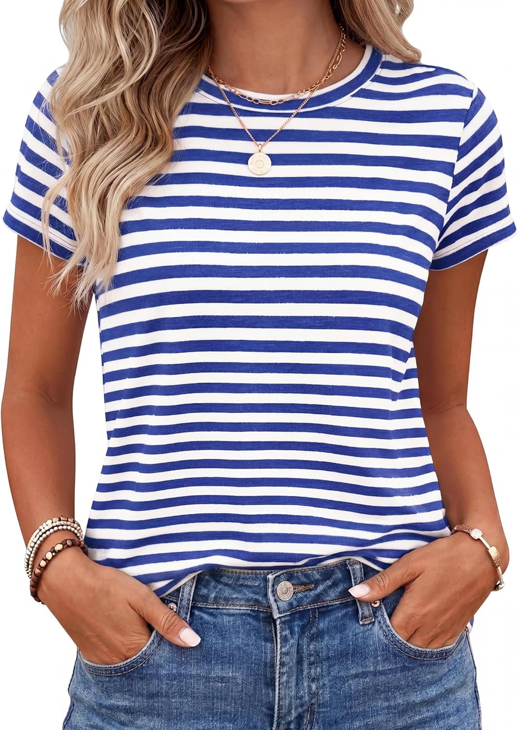 imageBTFBM Tops for Women Trendy Summer 2026 Crew Neck Short Sleeve T Shirts Striped Casual Vacation Blouse Basic TeeBlue White