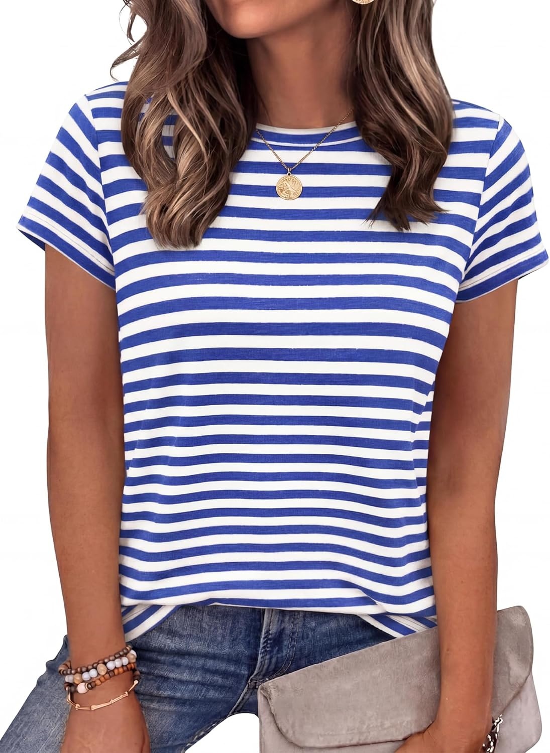 imageBTFBM Tops for Women Trendy Summer 2026 Crew Neck Short Sleeve T Shirts Striped Casual Vacation Blouse Basic TeeBlue White