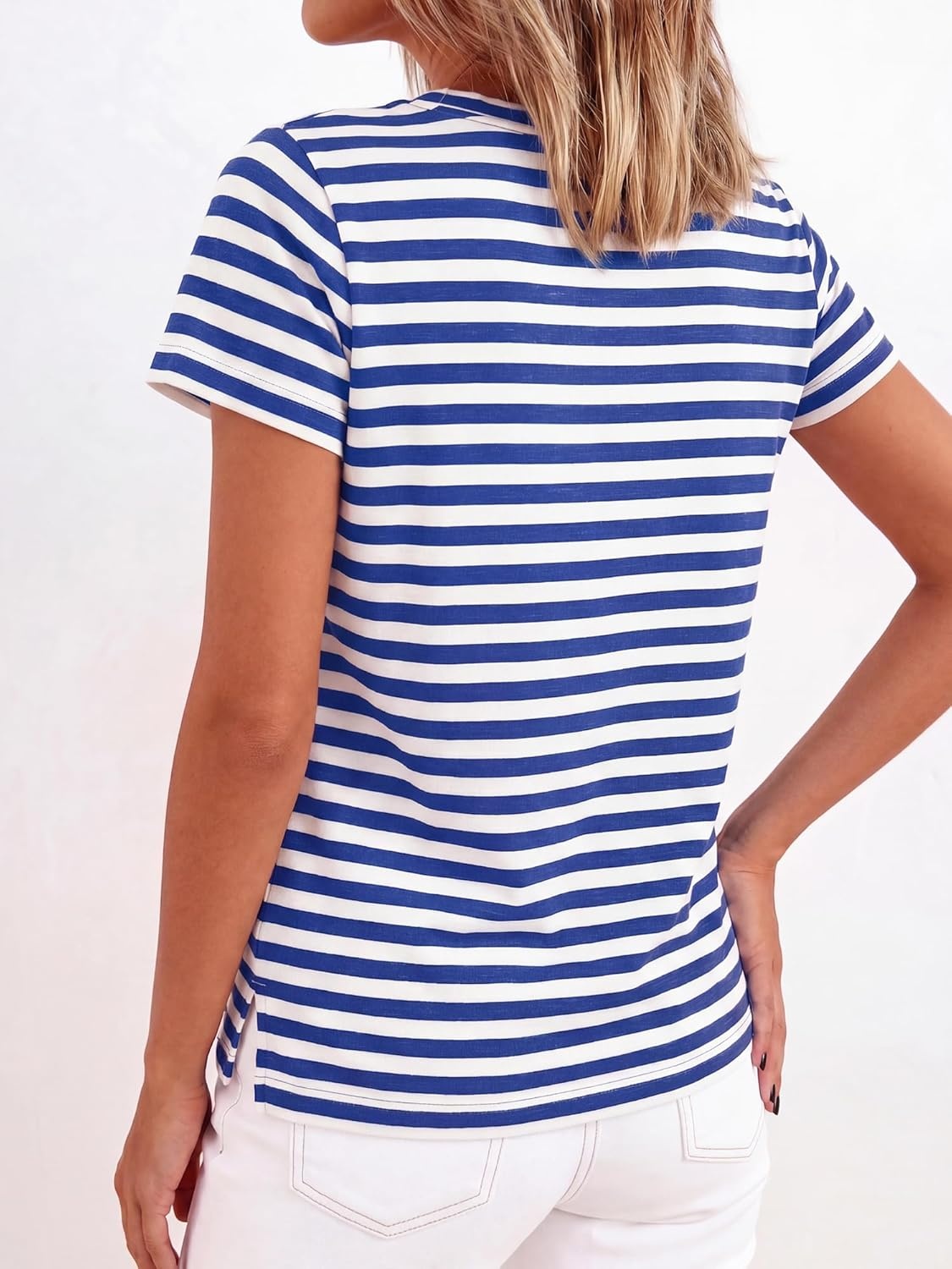 imageBTFBM Tops for Women Trendy Summer 2026 Crew Neck Short Sleeve T Shirts Striped Casual Vacation Blouse Basic TeeBlue White