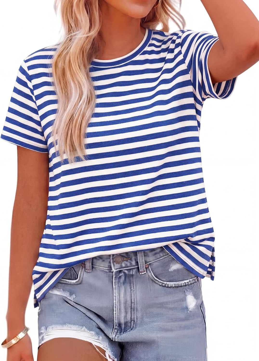 imageBTFBM Tops for Women Trendy Summer 2026 Crew Neck Short Sleeve T Shirts Striped Casual Vacation Blouse Basic TeeBlue White