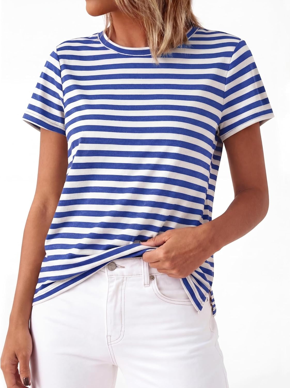 imageBTFBM Tops for Women Trendy Summer 2026 Crew Neck Short Sleeve T Shirts Striped Casual Vacation Blouse Basic TeeBlue White