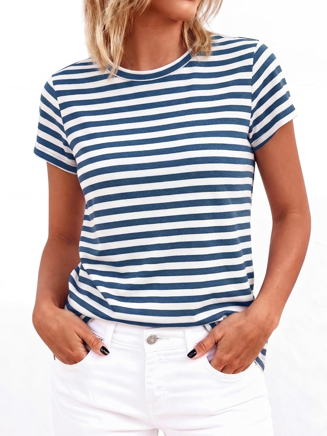 imageBTFBM Tops for Women Trendy Summer 2026 Crew Neck Short Sleeve T Shirts Striped Casual Vacation Blouse Basic TeeDark Blue White