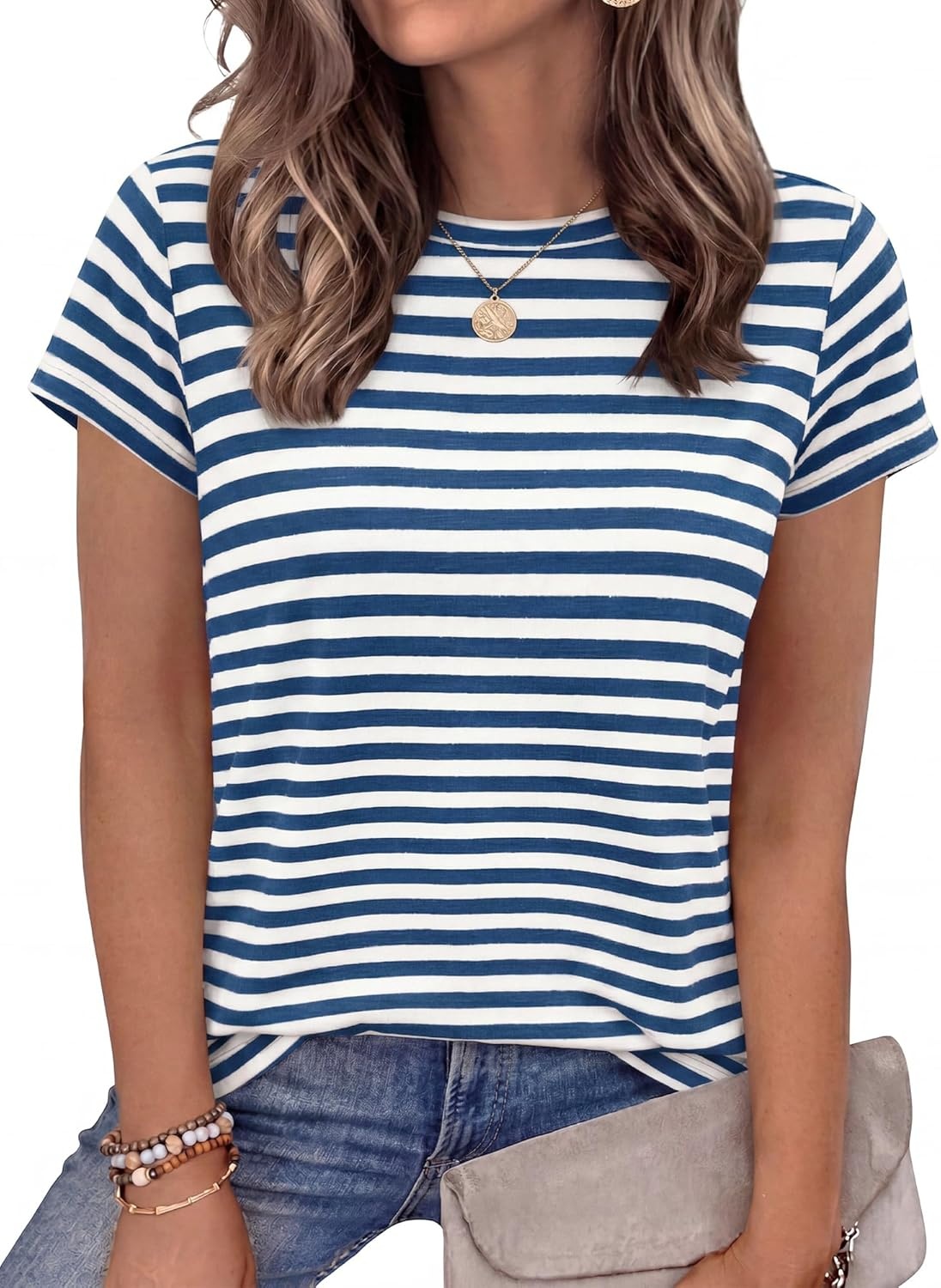 imageBTFBM Tops for Women Trendy Summer 2026 Crew Neck Short Sleeve T Shirts Striped Casual Vacation Blouse Basic TeeDark Blue White