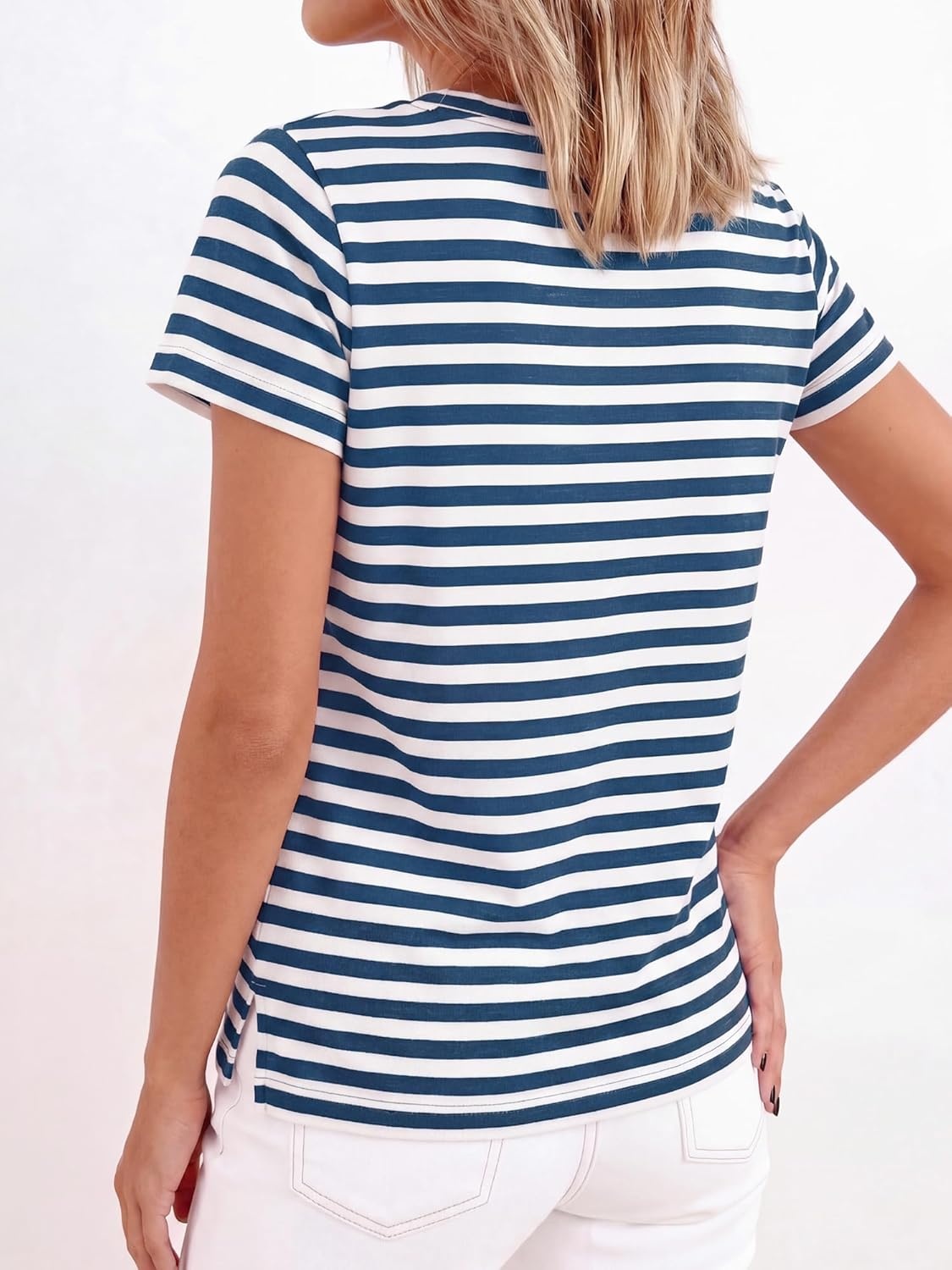 imageBTFBM Tops for Women Trendy Summer 2026 Crew Neck Short Sleeve T Shirts Striped Casual Vacation Blouse Basic TeeDark Blue White