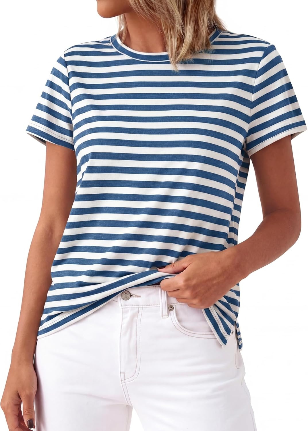 imageBTFBM Tops for Women Trendy Summer 2026 Crew Neck Short Sleeve T Shirts Striped Casual Vacation Blouse Basic TeeDark Blue White