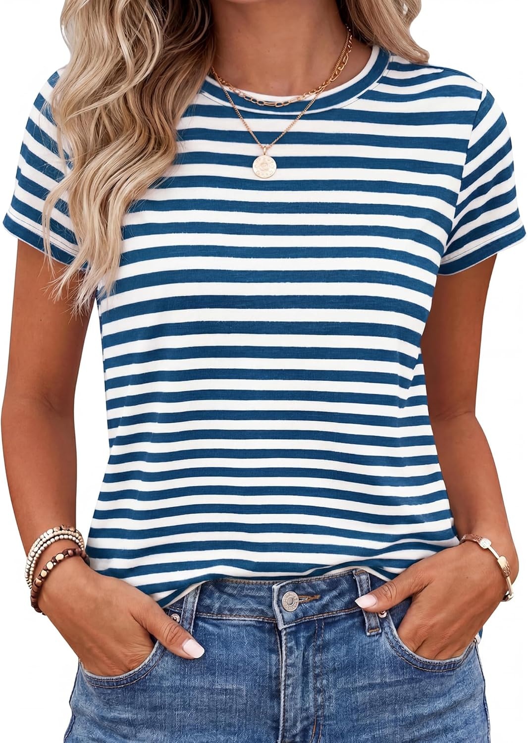 imageBTFBM Tops for Women Trendy Summer 2026 Crew Neck Short Sleeve T Shirts Striped Casual Vacation Blouse Basic TeeDark Blue White