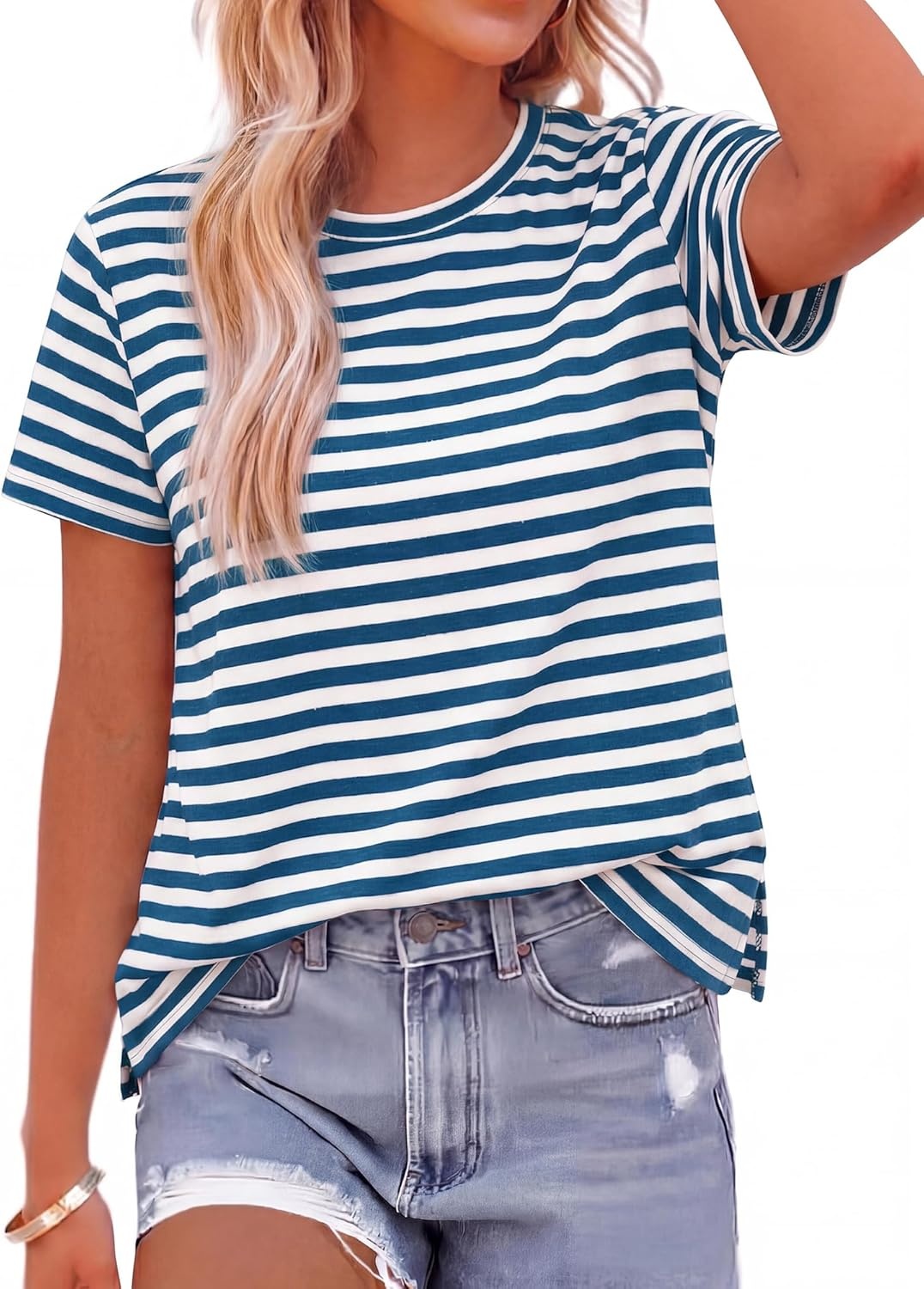 imageBTFBM Tops for Women Trendy Summer 2026 Crew Neck Short Sleeve T Shirts Striped Casual Vacation Blouse Basic TeeDark Blue White