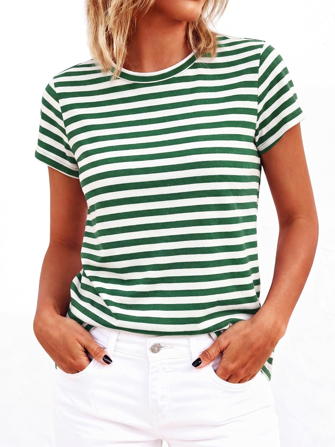 imageBTFBM Tops for Women Trendy Summer 2026 Crew Neck Short Sleeve T Shirts Striped Casual Vacation Blouse Basic TeeGreen White
