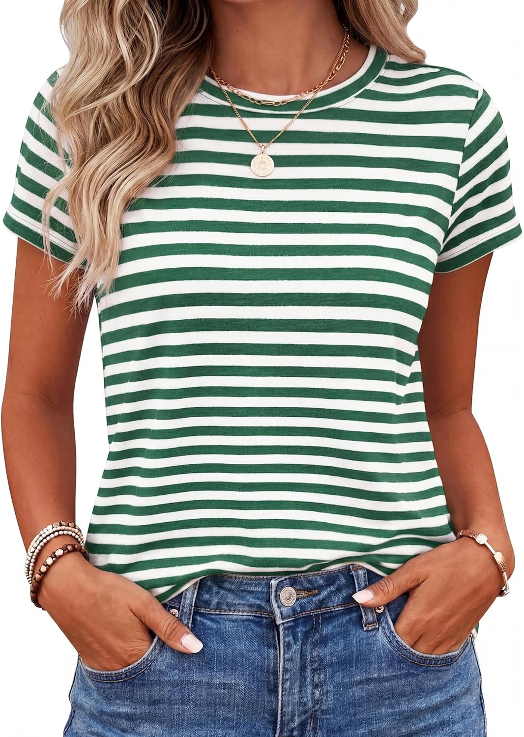 imageBTFBM Tops for Women Trendy Summer 2026 Crew Neck Short Sleeve T Shirts Striped Casual Vacation Blouse Basic TeeGreen White