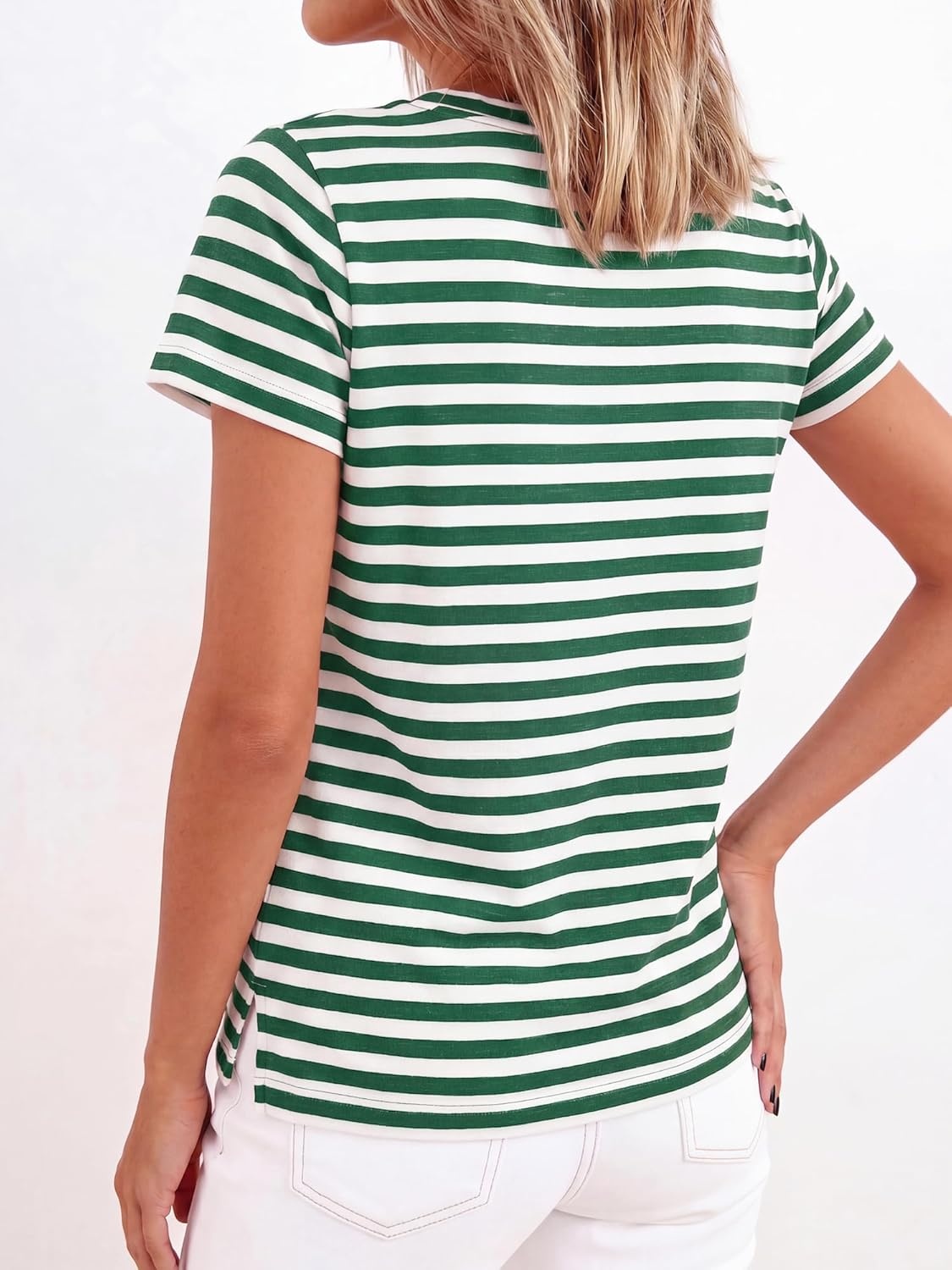 imageBTFBM Tops for Women Trendy Summer 2026 Crew Neck Short Sleeve T Shirts Striped Casual Vacation Blouse Basic TeeGreen White