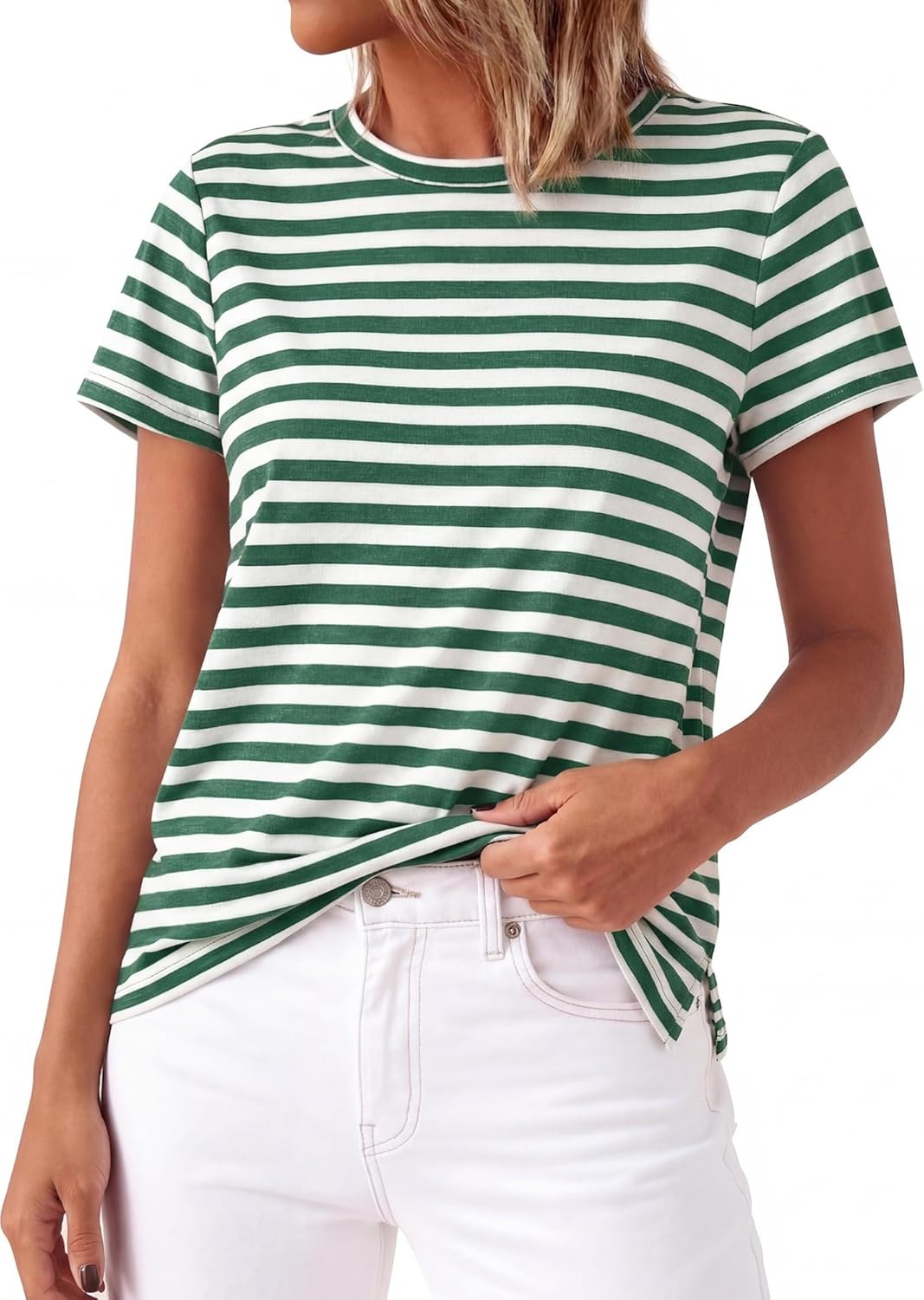 imageBTFBM Tops for Women Trendy Summer 2026 Crew Neck Short Sleeve T Shirts Striped Casual Vacation Blouse Basic TeeGreen White